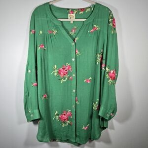 Fig and Flower Green Floral Embroidered Button‎ Up Shirt Women’s Size 1X